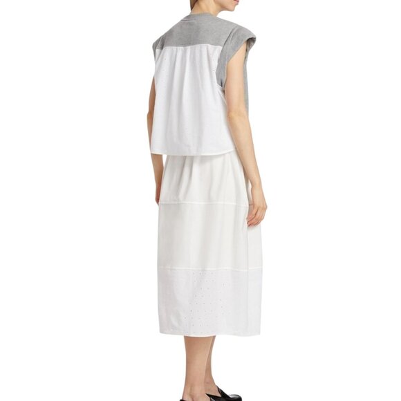 3.1 Phillip Lim Rolled Sleeve Mix Media Eyelet Tiered Cotton Midi Dress Size L - Picture 5 of 16